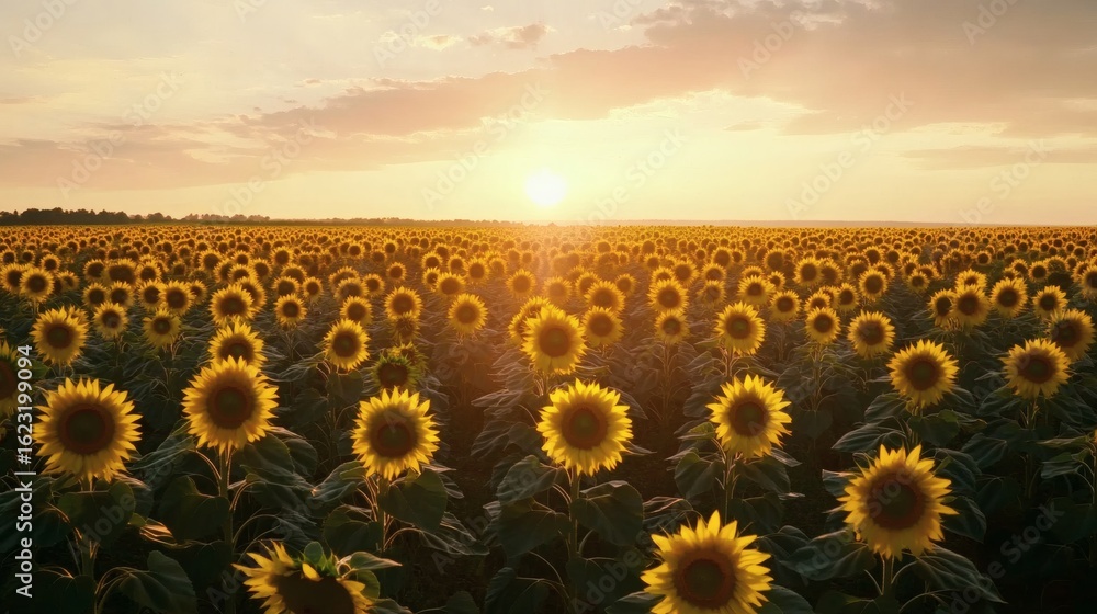 Fototapeta premium Vast sunflower field at sunset.