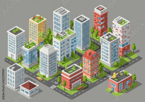  Isometric set of modern city buildings for cityscape constructor