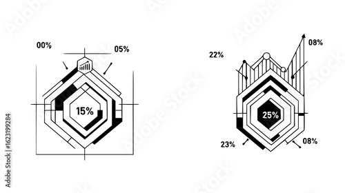 Hexagonal infographic elements showing data percentages isolated on white background