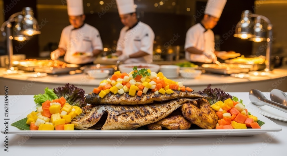 Obraz premium Grilled Fish with Tropical Fruit Salsa - Delicious grilled fish topped with a vibrant mango, papaya, and carrot salsa. Served with grilled chicken. Perfect for a buffet or restaurant setting