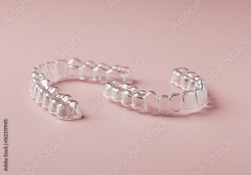 透明な歯列矯正、優しく輝くピンク背景