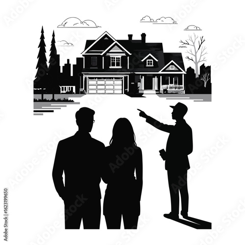 Silhouette of couple viewing house with agent pointing features vector isolated black and white