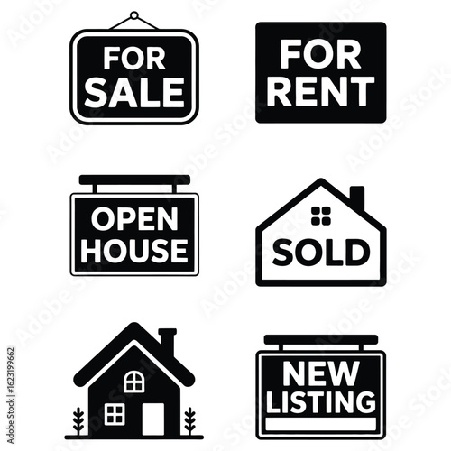 Set of silhouette signs for sale, for rent, open house, sold, and new listing vector isolated black and white