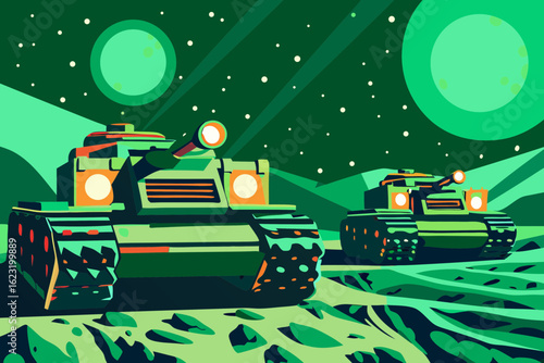 Giant machines reshape the surface of a barren planet, turning it green as domed habitats glow under two moons.