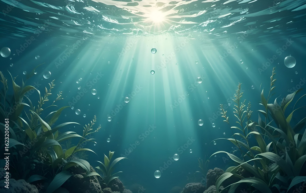Fototapeta premium Dreamy Underwater Plants Illuminated by Sunlight Beams ‎