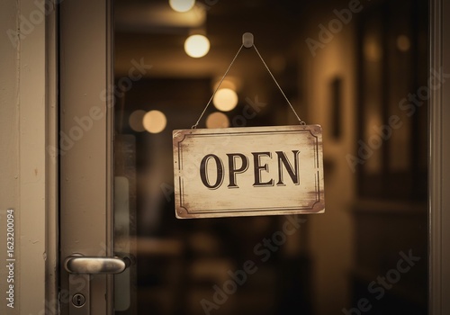 温かい光が差し込む、素敵なお店の入り口。大きく「OPEN」の文字。今日もお待ちしてます