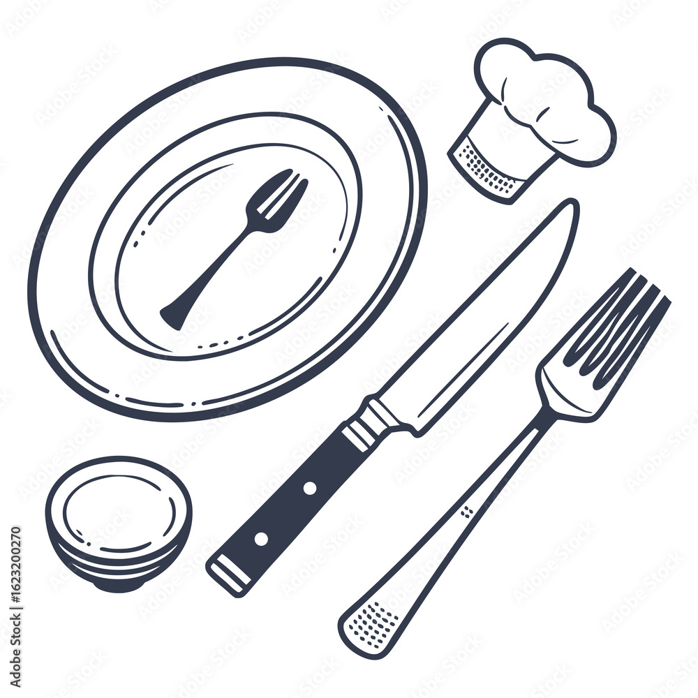 Fototapeta premium A chef s hat plate with fork knife and small bowl arranged for a meal