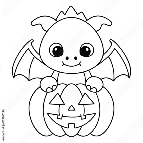 Cute dragon with wings holding a jack o lantern cartoon halloween