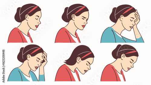 Woman experiencing headache migraine stress anxiety depression mental health and emotional pain illustration