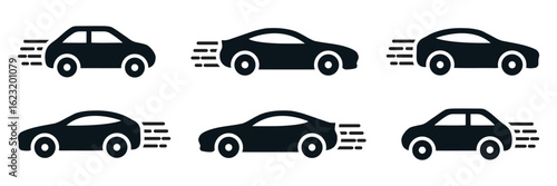 Black Car Icons: Speed, Motion, Transportation Graphics Vector.