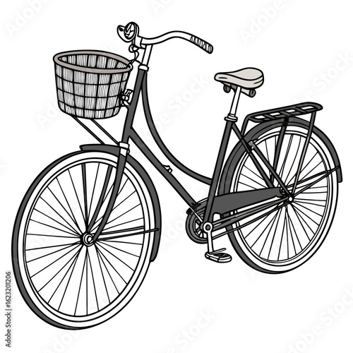 Classic dutch bicycle with a wicker basket and rear rack on a white background