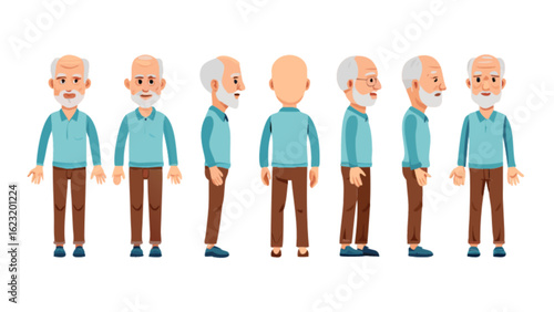 Cartoon character design of an elderly man for animation and game development complete character sheet design