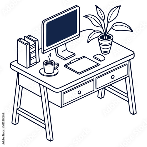 Clean isometric line art drawing of a modern desk with computer and coffee cup