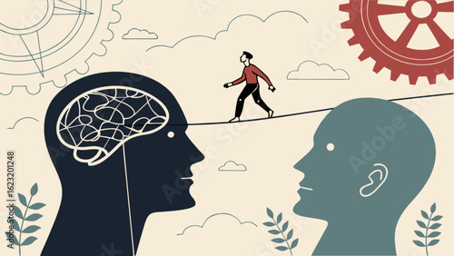 Man walking on a tightrope between two heads with gears and clouds in the background illustration