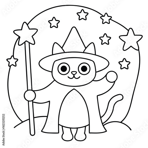 Spooky wizard cat conjuring stars in a glowing circle magic