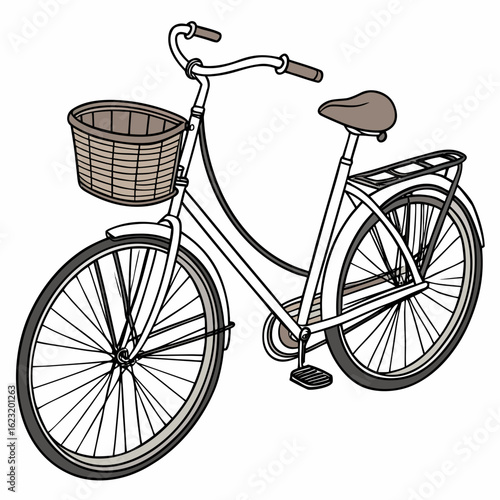 Classic white bicycle with a woven basket and rear rack on a white background