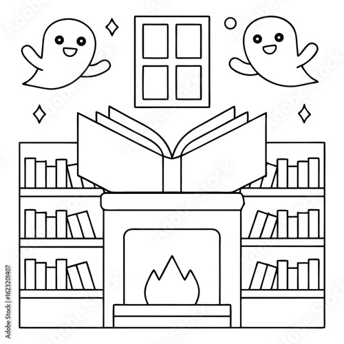 Two happy ghosts floating near a window above a fireplace with bookshelves and an open book vector