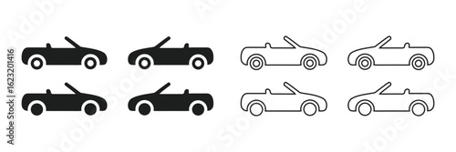 Convertible Car Icons: Solid, Outline, Black and White, Simple Design, Transportation Graphics Vector.