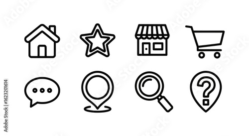 Vector art of set of basic web icons representing home, star, shop, cart, speech bubble, location, magnifier and question mark