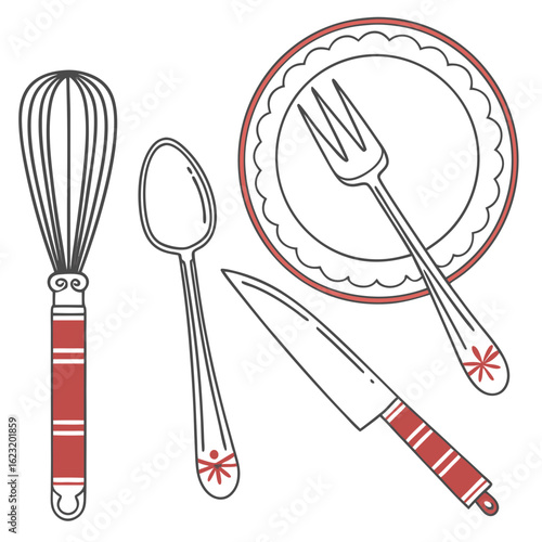 Collection of stylized kitchen utensils including a whisk spoon knife and fork on a plate