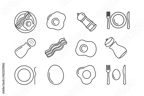 Breakfast food and dining utensils line art eggs bacon
