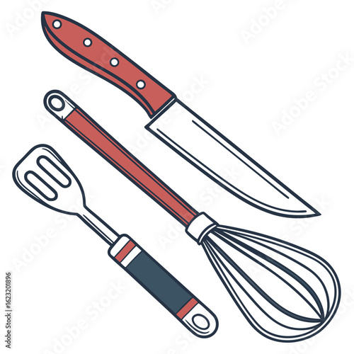 Collection of three kitchen utensils including a knife slotted spatula and whisk with red and blue handles