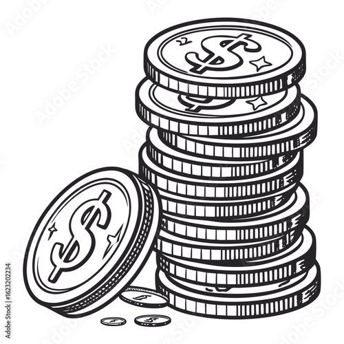 Hand drawn stack of coins with dollar sign illustration vector