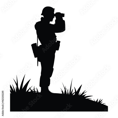Silhouette of soldier using binoculars on hilltop lookout, surveillance and observation vector isolated black and white