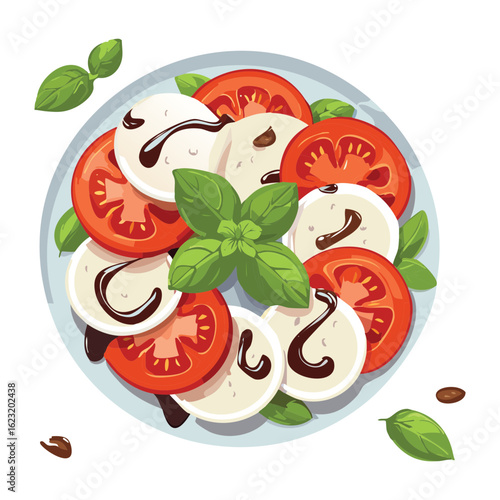 Healthy Food with Tomatoes and Basil - Vector Illustration