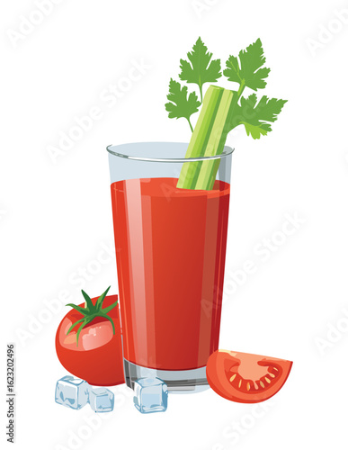 Glass of Tomato Juice with Celery Stalk - Vector Illustration