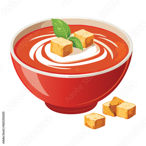 Creamy Tomato Soup with Croutons - Vector Illustration