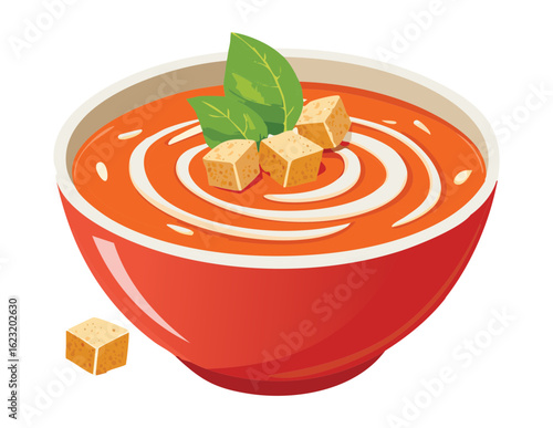 Healthy Tomato Soup with Croutons - Vector Illustration
