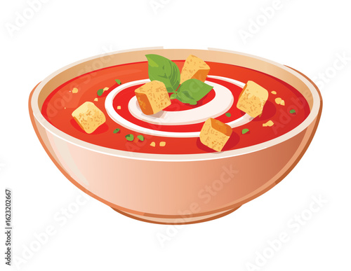 Tomato Soup with Croutons and Herbs - Vector Illustration

