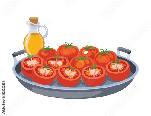 Fresh Ripe Tomatoes with Olive Oil - Vector Illustration