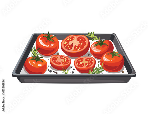 Halved Tomatoes on a Tray Ready to Bake - Vector Illustration