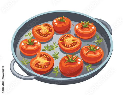 Fresh Halved Tomatoes in a Pan - Vector Illustration