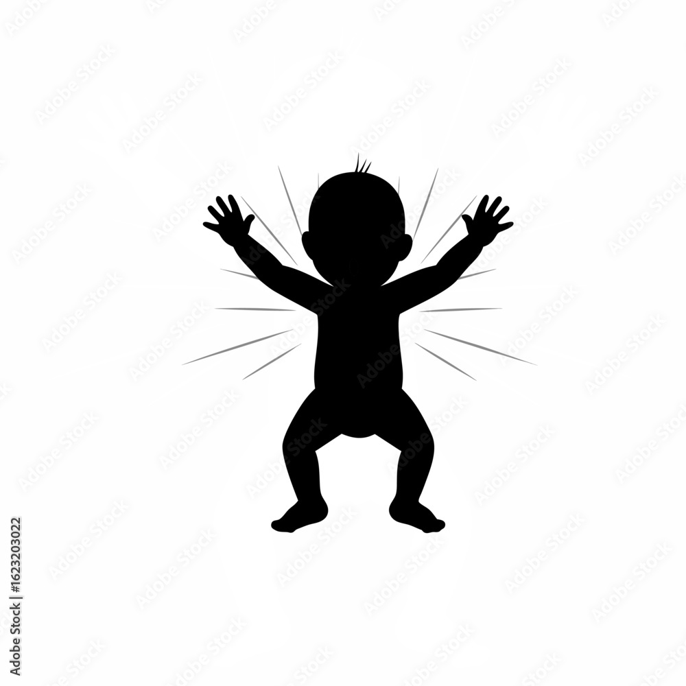 Naklejka premium Silhouette of a baby yawning with arms stretched wide on white background