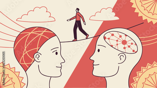 Illustration of a person walking on a tightrope between two heads with brain visualizations