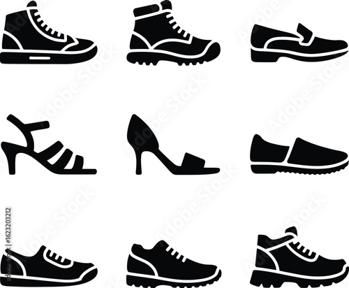 Collection of Black Shoe Icons on White Background footwear boot