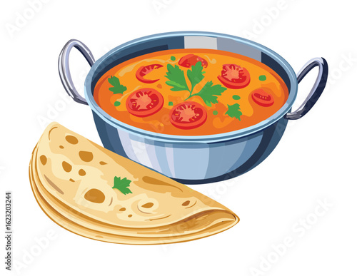 Healthy Spicy Dish with Flatbread - Vector Illustration