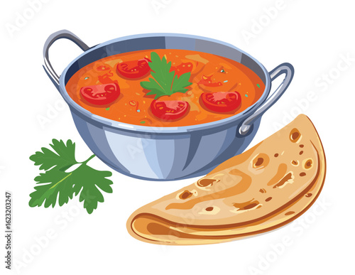 Spicy Tomato Curry with Roti Bread - Vector Illustration