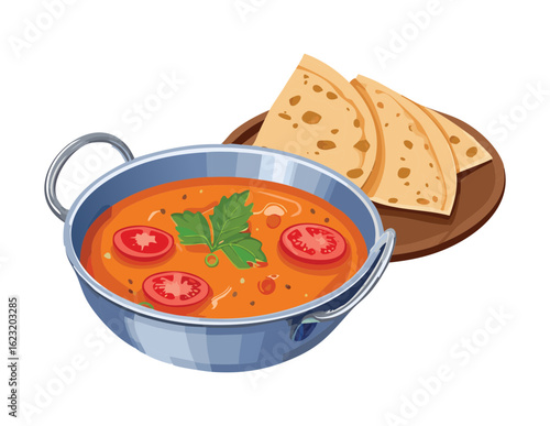 Vegetable Curry with Flatbread and Tomatoes - Vector Illustration


