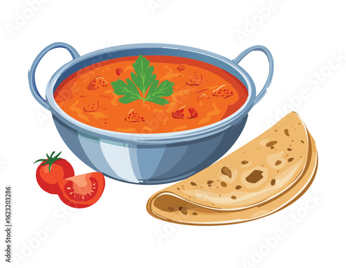 Spicy Vegetable Curry and Flatbread - Vector Illustration