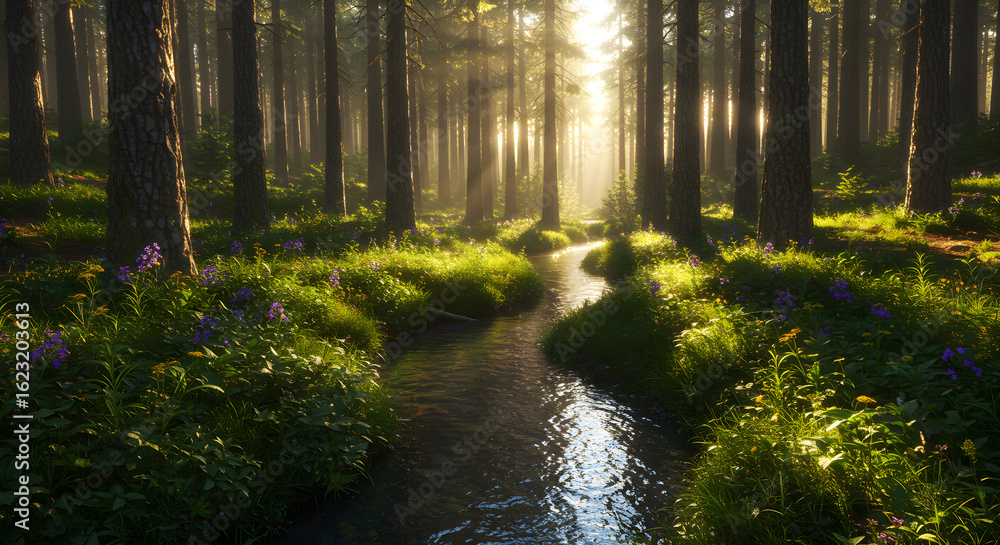 Obraz premium Sunlight Streaming Through Pine Forest Illuminating a Babbling Brook