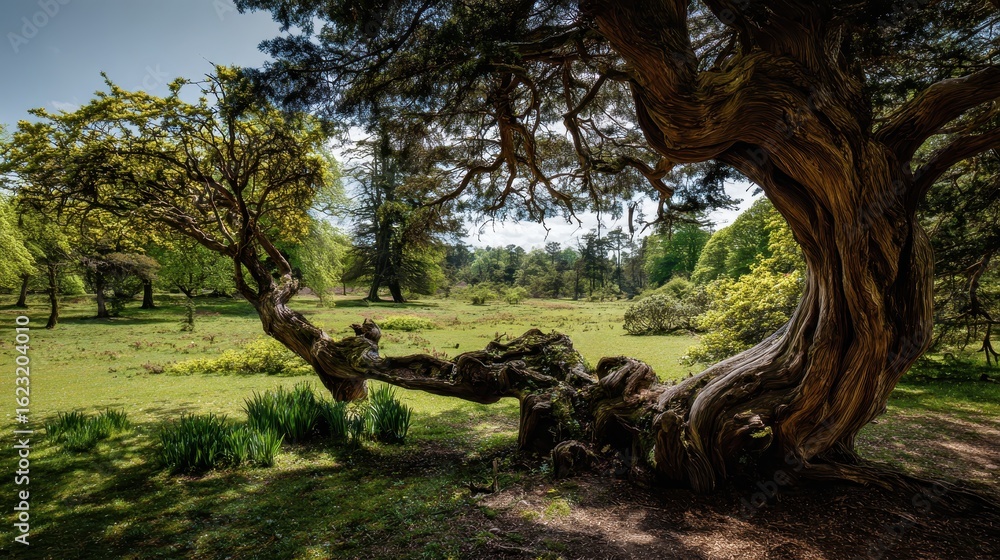 Obraz premium Twisting Yew: A Majestic Bending Tree in the Lush New Forest During Spring