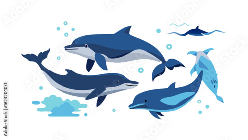 A group of stylized dolphins swimming in the ocean with bubbles and waves illustration art design