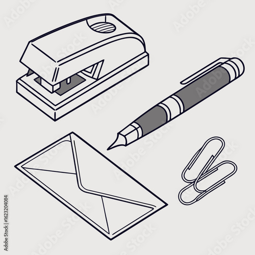 Isometric illustration of office supplies including a stapler pen envelope and paper clips on a light background