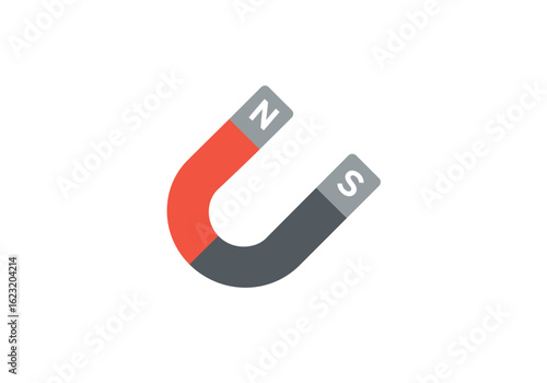 Horseshoe magnet with north and south poles. A classic physics and science symbol representing magnetic fields and attraction.