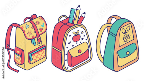 Three colorful backpacks with different designs and details for school and everyday use shown