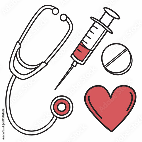 Medical icons including stethoscope syringe pill and heart symbol on white background